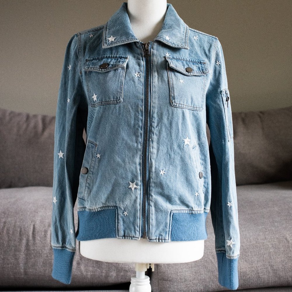 Lucky Brand Denim Star Embroidered Zip Front Bomber Jacket Blue Size S